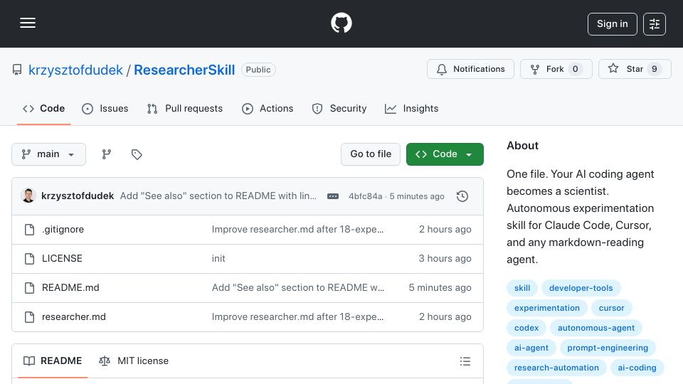 Screenshot of github.com: Show HN: A Markdown file that turns your AI agent into an autonomous researcher