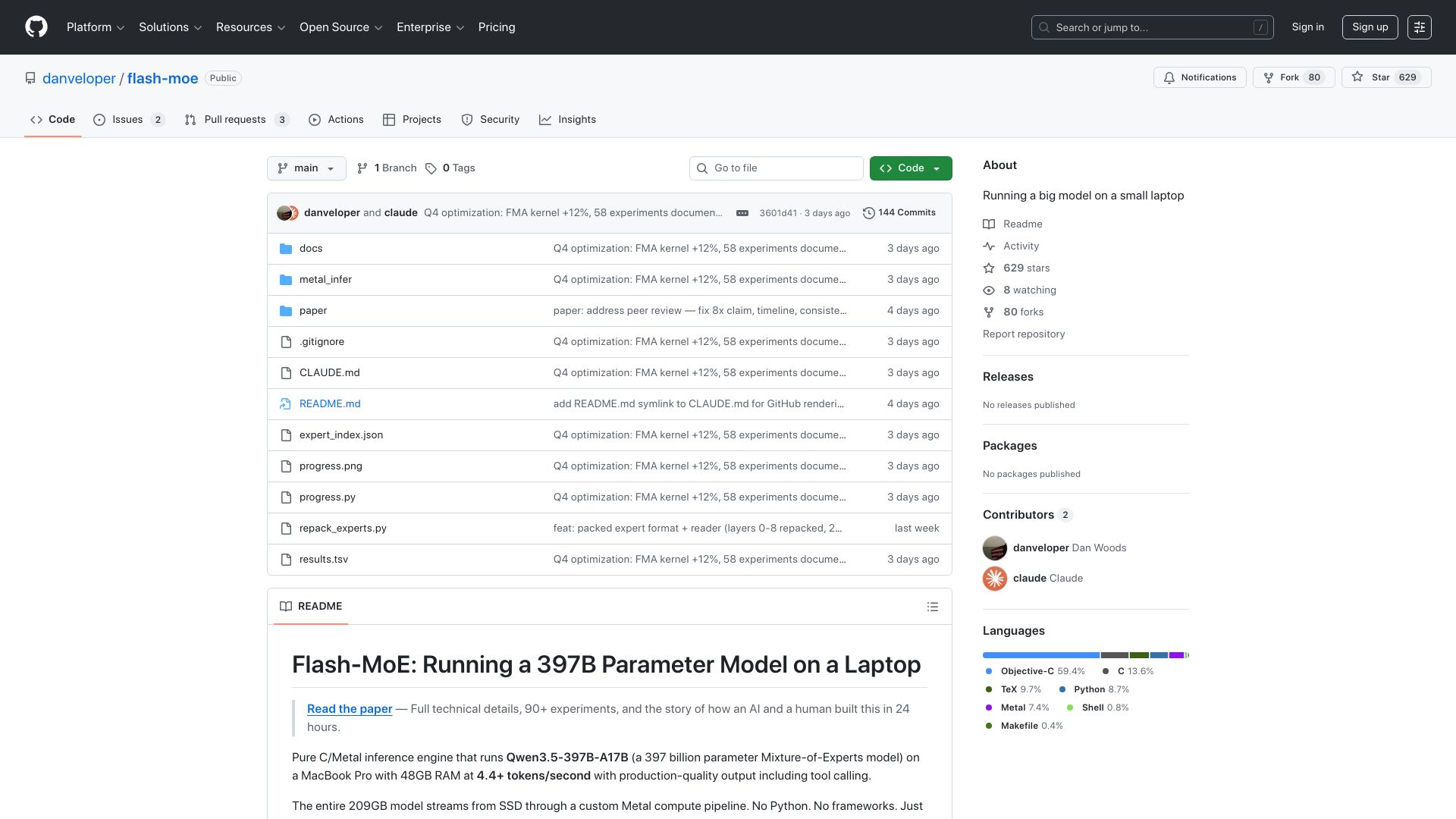 Screenshot of github.com: Flash-MoE: Running a 397B Parameter Model on a Laptop