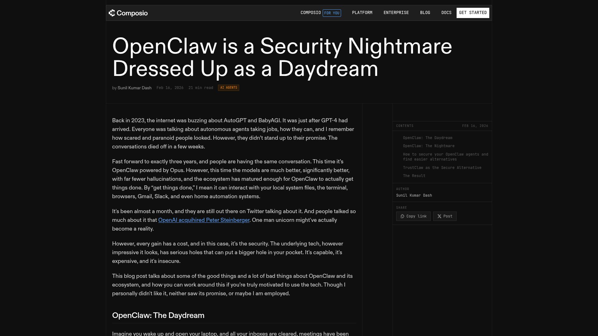 Screenshot of composio.dev: OpenClaw is a security nightmare dressed up as a daydream