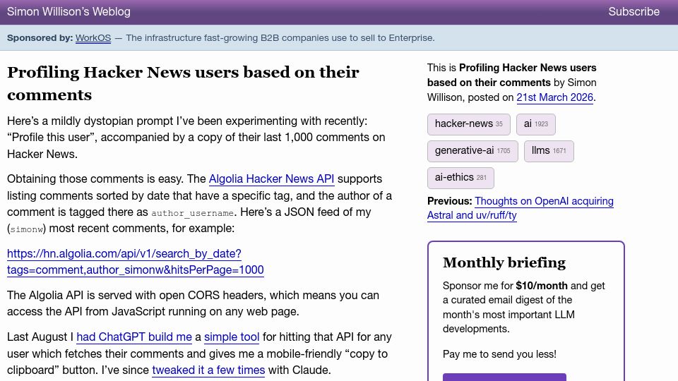 Screenshot of simonwillison.net: Profiling Hacker News users based on their comments