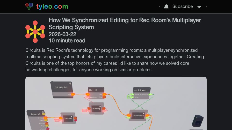 Screenshot of tyleo.com: How We Synchronized Editing for Rec Room's Multiplayer Scripting System