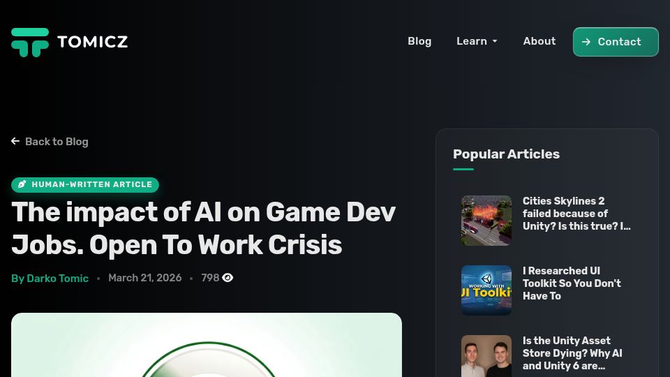 Screenshot of darkounity.com: The Impact of AI on Game Dev Jobs. Open to Work Crisis