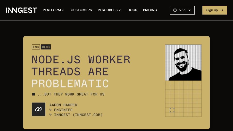 Screenshot of inngest.com: Node.js worker threads are problematic, but they work great for us
