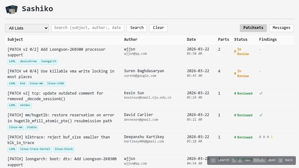 Screenshot of sashiko.dev: Sashiko: An agentic Linux kernel code review system
