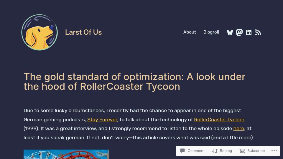 Screenshot of larstofus.com: The gold standard of optimization: A look under the hood of RollerCoaster Tycoon