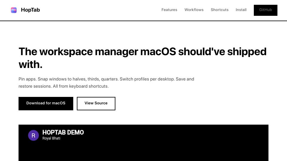 Screenshot of royalbhati.com: HopTab – Open source macOS app switcher and tiler that replaces Cmd+Tab