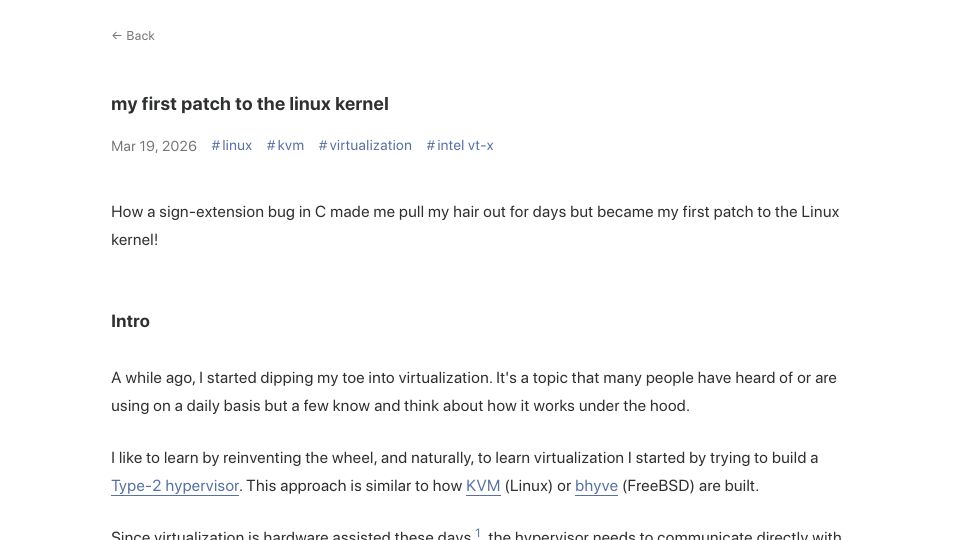 Screenshot of pooladkhay.com: My first patch to the Linux kernel