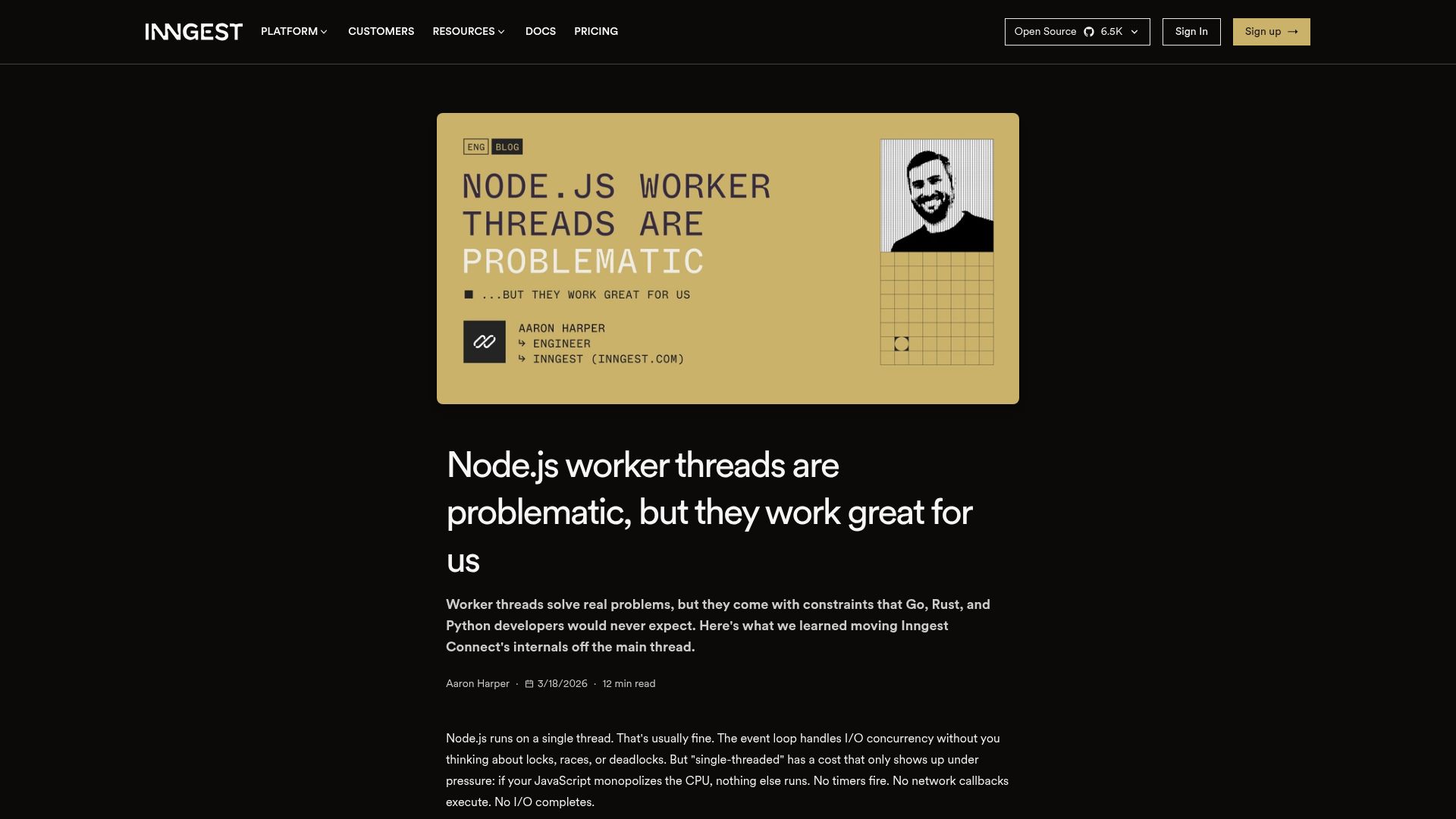 Screenshot of inngest.com: Node.js worker threads are problematic, but they work great for us