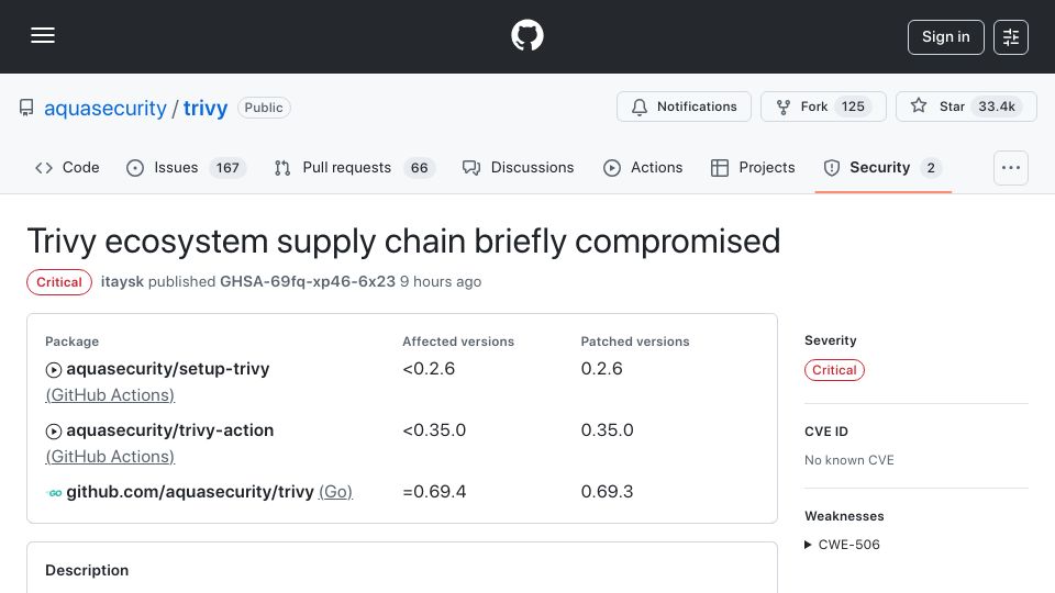 Screenshot of github.com: Trivy ecosystem supply chain briefly compromised