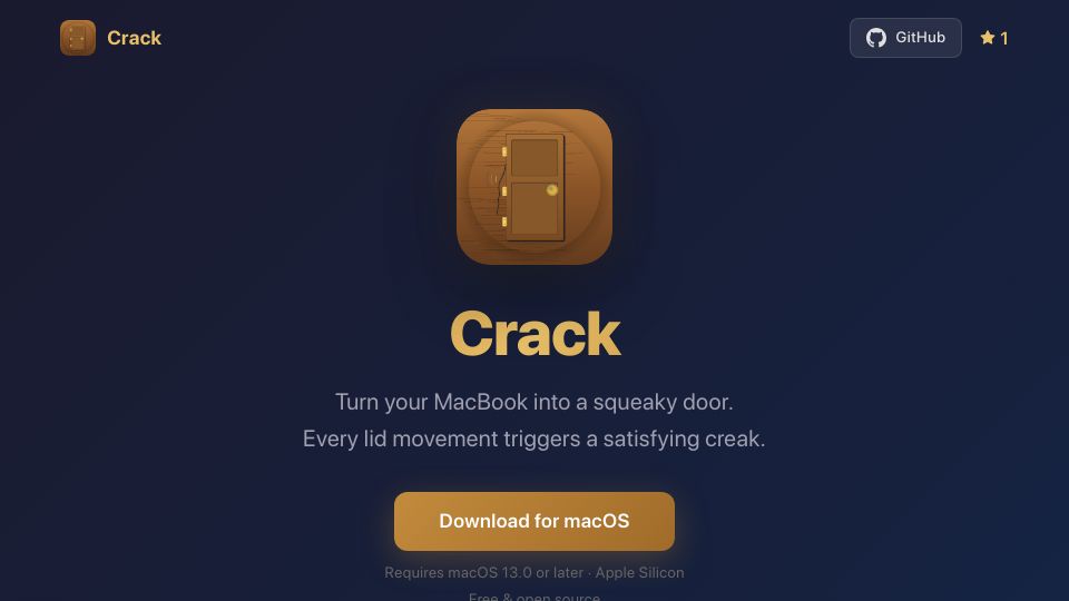 Screenshot of crackmacapp.com: Show HN: Crack – Turn your MacBook into a squeaky door