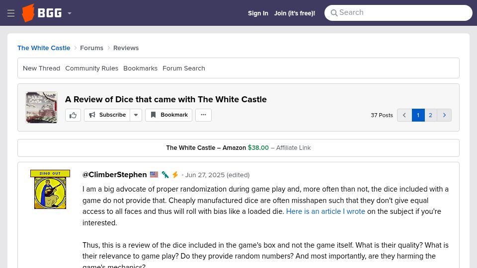 Screenshot of boardgamegeek.com: A Review of Dice that came with The White Castle (2025)