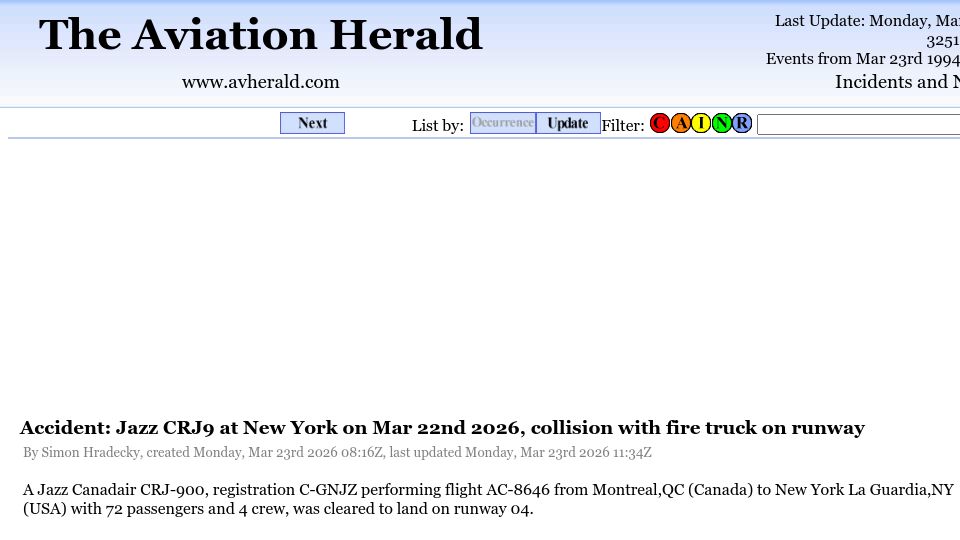 Screenshot of avherald.com: Jazz CRJ9 at New York on Mar 22nd 2026, collision with fire truck on runway