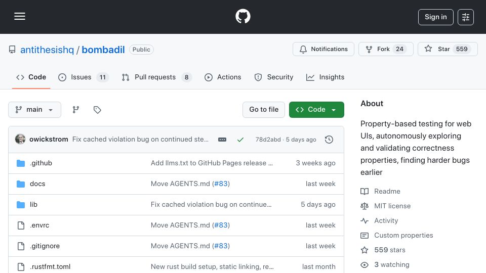 Screenshot of github.com: Bombadil: Property-based testing for web UIs