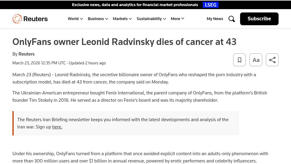 Screenshot of reuters.com: OnlyFans owner Leonid Radvinsky dies of cancer at 43