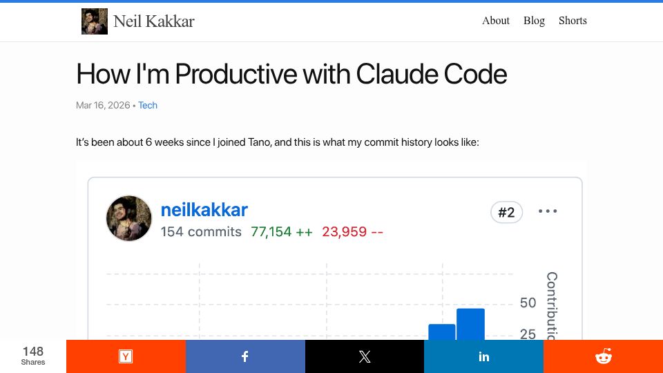 Screenshot of neilkakkar.com: How I'm Productive with Claude Code