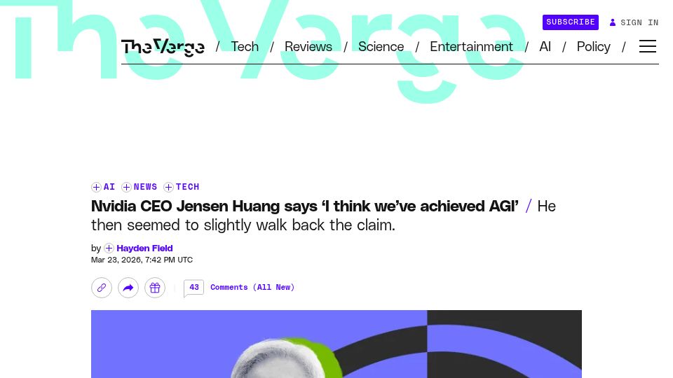 Screenshot of theverge.com: Nvidia CEO Jensen Huang says 'I think we've achieved AGI'