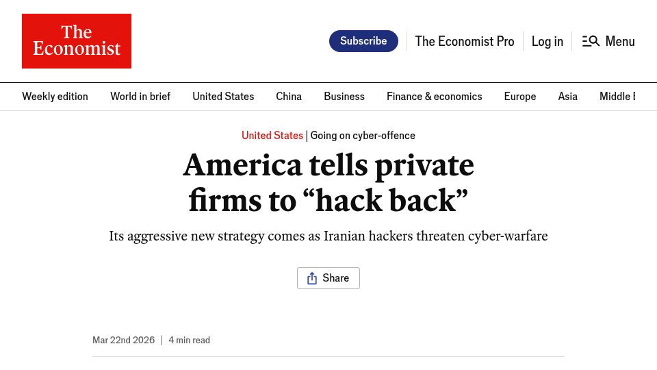 Screenshot of economist.com: America tells private firms to “hack back”