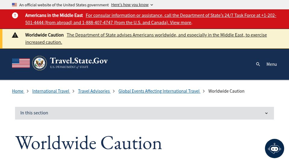 Screenshot of travel.state.gov: Department of State advises Americans worldwide to exercise increased caution