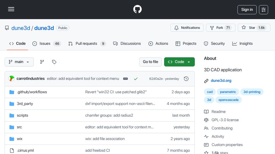 Screenshot of github.com: Dune3d: A parametric 3D CAD application