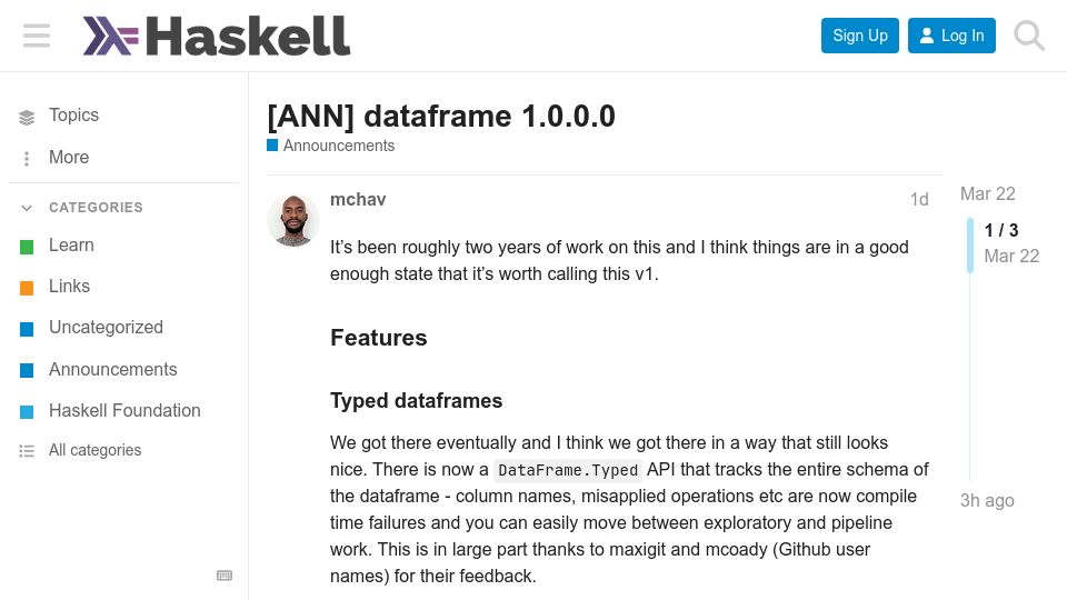 Screenshot of discourse.haskell.org: Dataframe 1.0.0.0