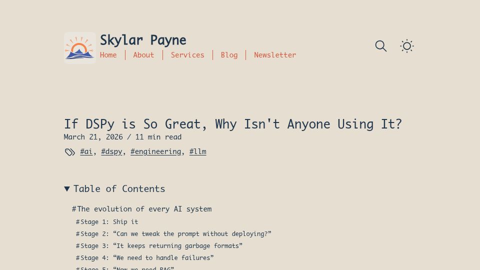 Screenshot of skylarbpayne.com: If DSPy is so great, why isn't anyone using it?