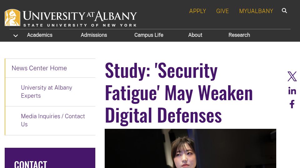 Screenshot of albany.edu: Study: 'Security Fatigue' May Weaken Digital Defenses