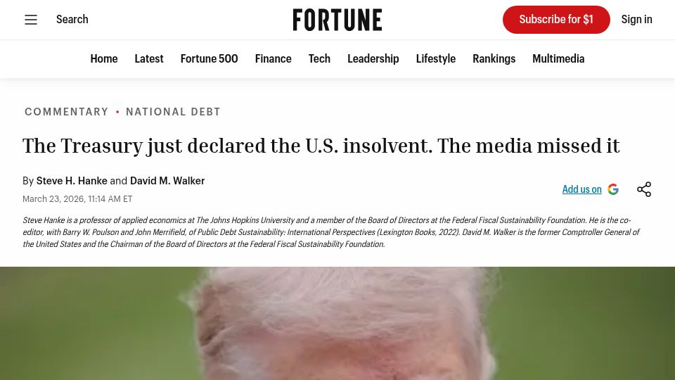 Screenshot of fortune.com: The Treasury just declared the U.S. insolvent