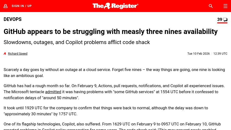 Screenshot of theregister.com: GitHub appears to be struggling with measly three nines availability