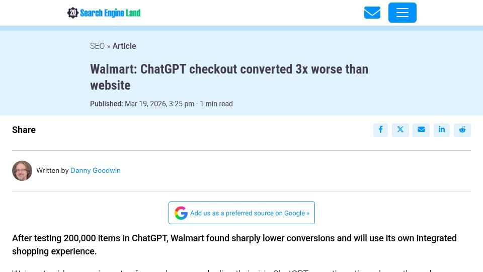 Screenshot of searchengineland.com: Walmart: ChatGPT checkout converted 3x worse than website