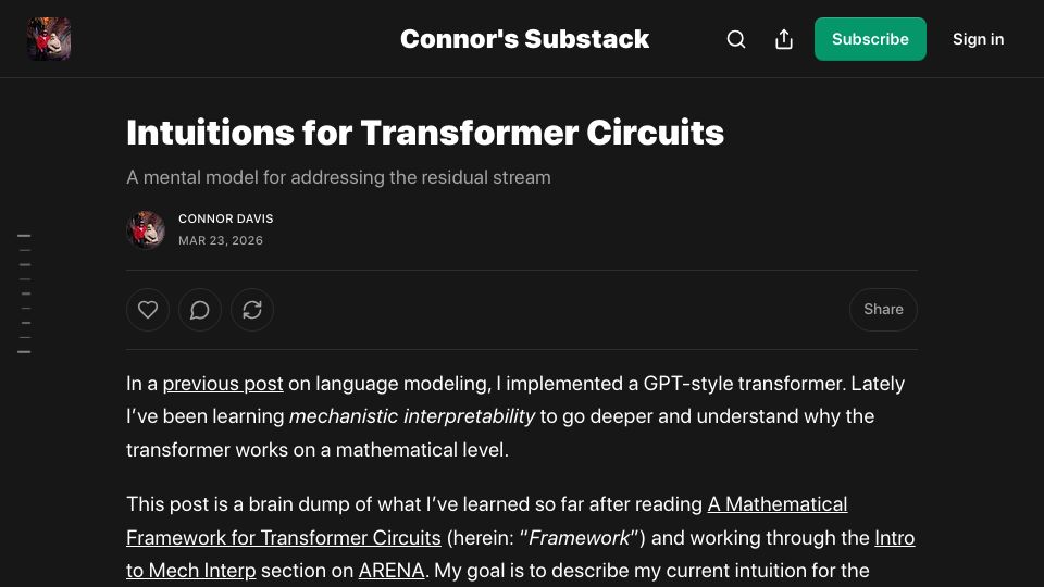 Screenshot of connorjdavis.com: Intuitions for Tranformer Circuits