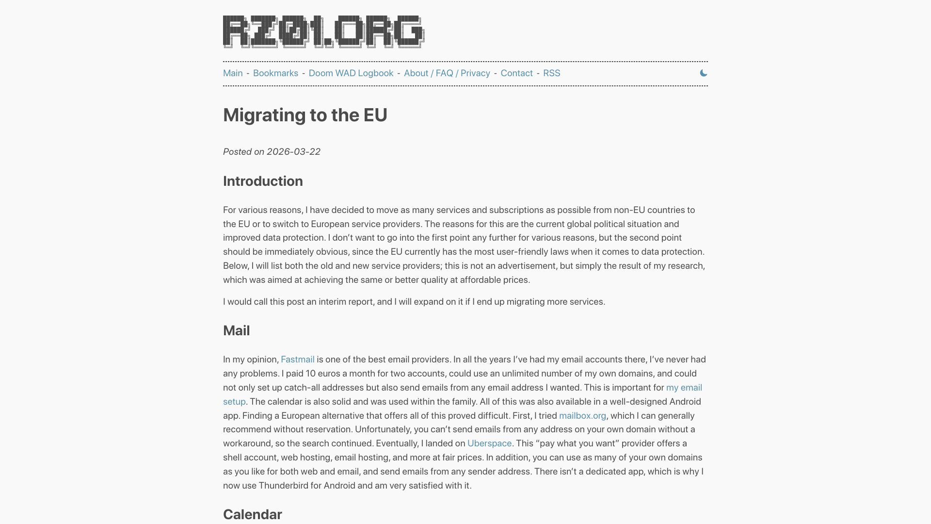 Screenshot of rz01.org: Migrating to the EU