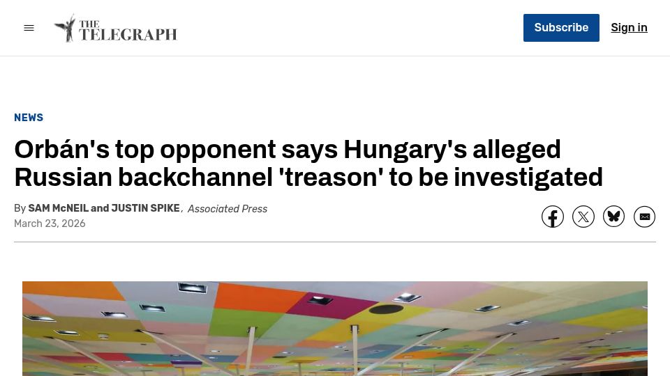 Screenshot of thetelegraph.com: Orbán's top opponent says Hungary's alleged Russian backchannel 'treason'