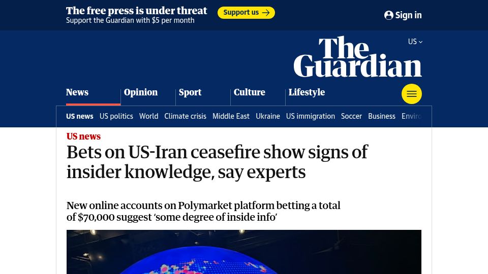 Screenshot of theguardian.com: Bets on US-Iran ceasefire show signs of insider knowledge, say experts