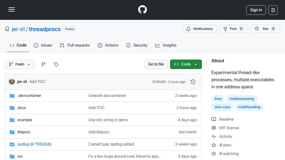Screenshot of github.com: Show HN: Threadprocs – executables sharing one address space (0-copy pointers)