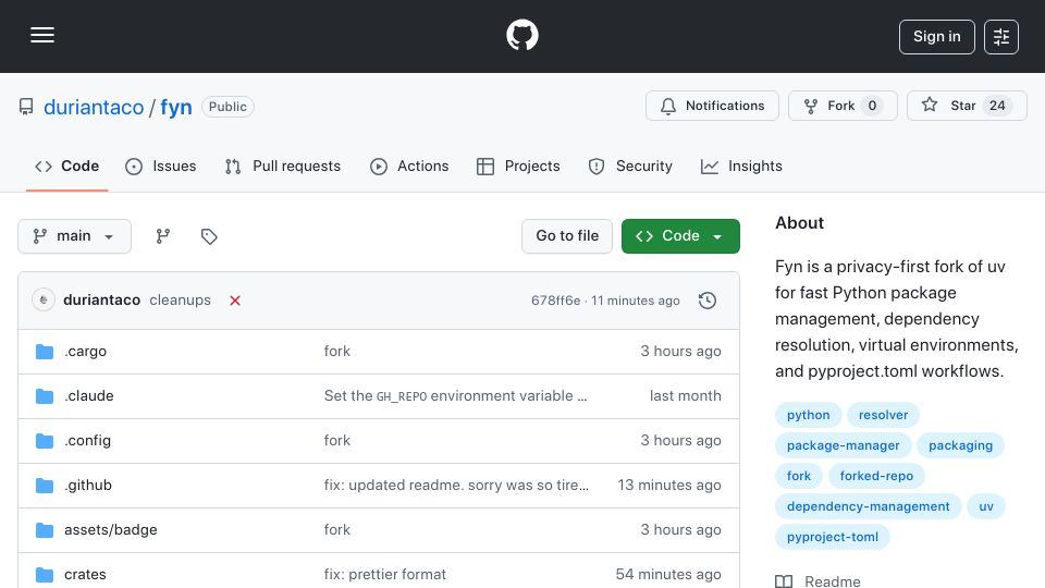 Screenshot of github.com: Fyn: An uv fork with new features, bug fixes, stripped telemetry