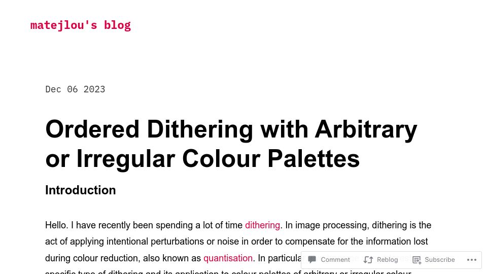 Screenshot of matejlou.blog: Ordered dithering with arbitrary or irregular colour palettes (2023)