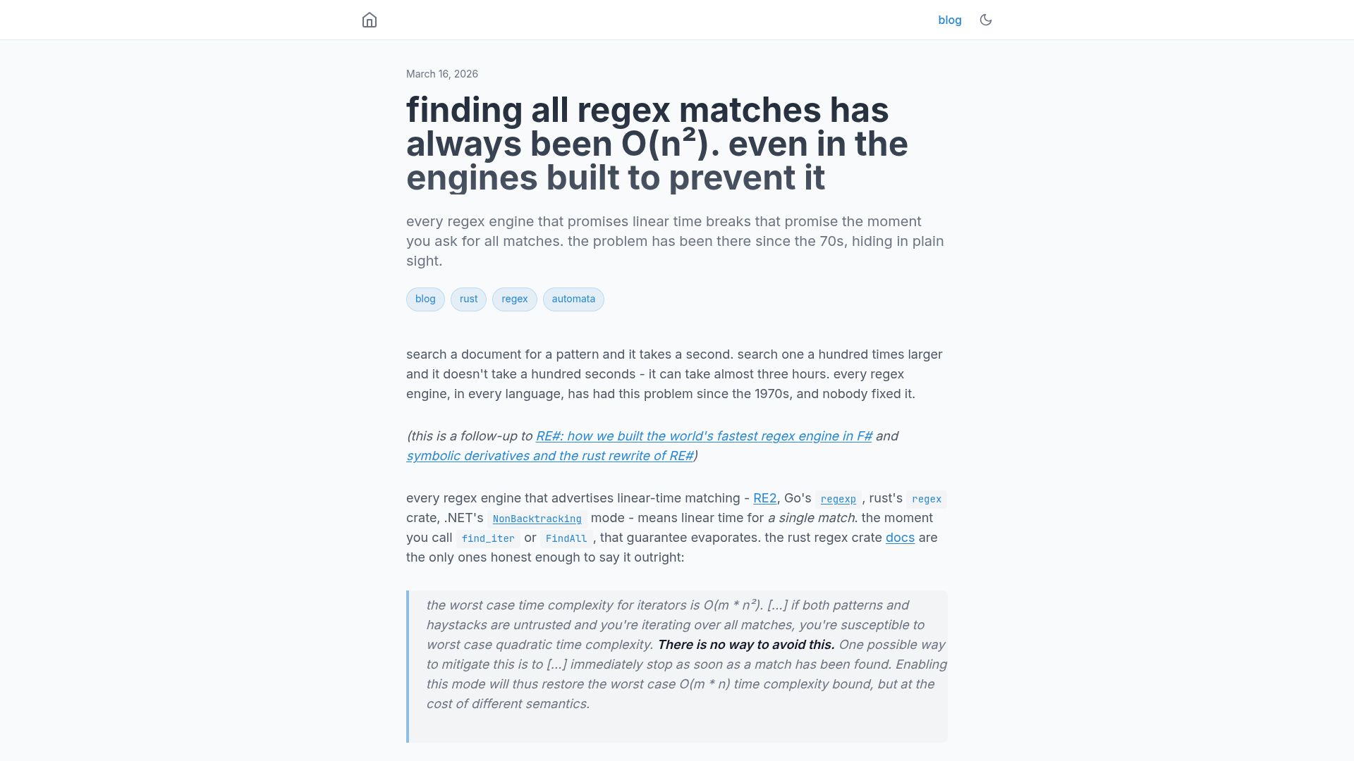 Screenshot of iev.ee: Finding all regex matches has always been O(n²)