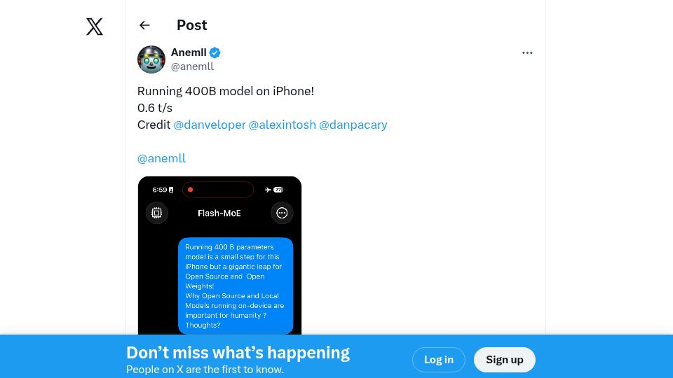 Screenshot of twitter.com: iPhone 17 Pro Demonstrated Running a 400B LLM