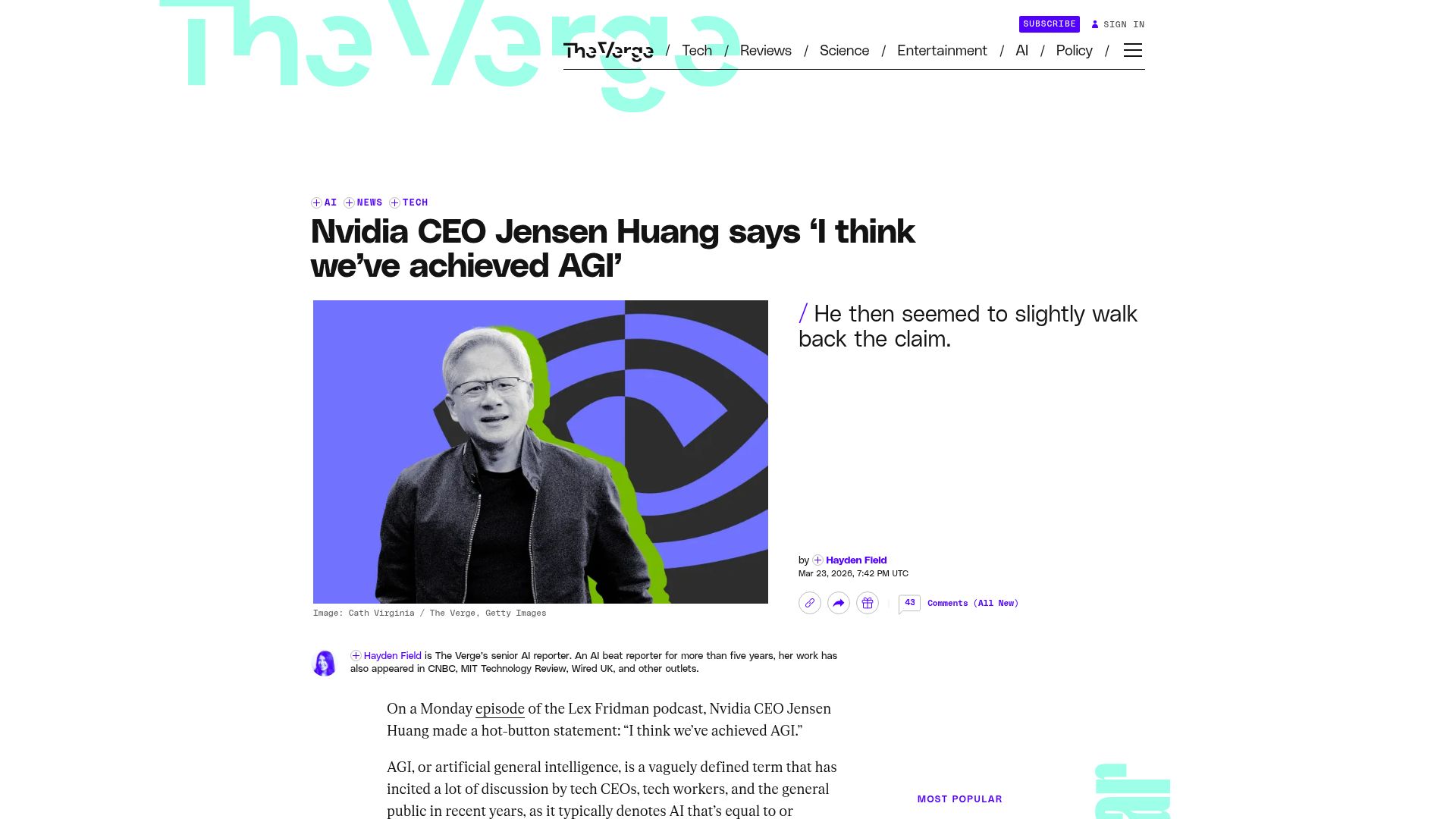 Screenshot of theverge.com: Nvidia CEO Jensen Huang says 'I think we've achieved AGI'