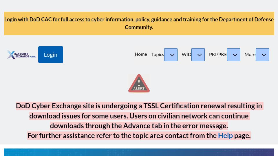 Screenshot of cyber.mil: Cyber.mil serving file downloads using TLS certificate which expired 3 days ago