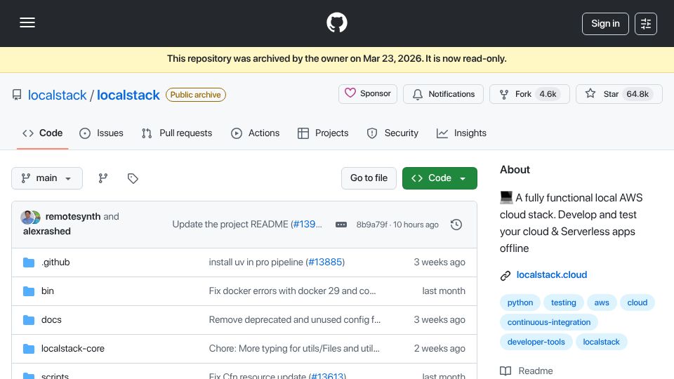 Screenshot of github.com: Local Stack Archived their GitHub repo and requires an account to run