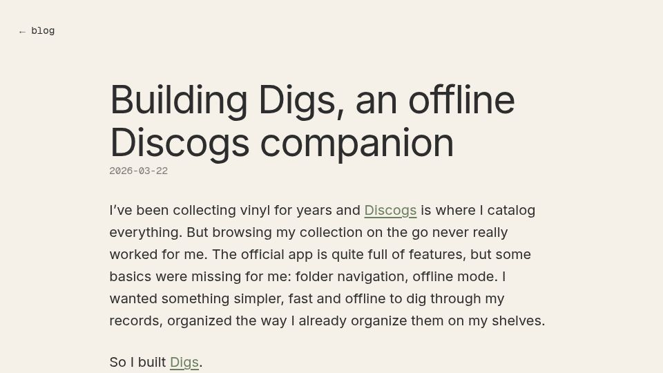 Screenshot of lustin.fr: Digs: iOS app that syncs your Discogs collection and lets you browse it offline