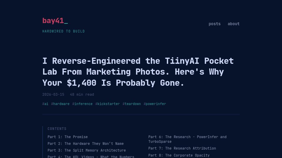 Screenshot of bay41.com: I Reverse-Engineered the TiinyAI Pocket Lab from Marketing Photos