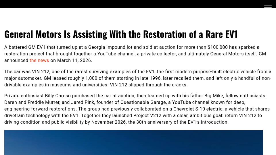 Screenshot of evinfo.net: General Motors is assisting with the restoration of a rare EV1