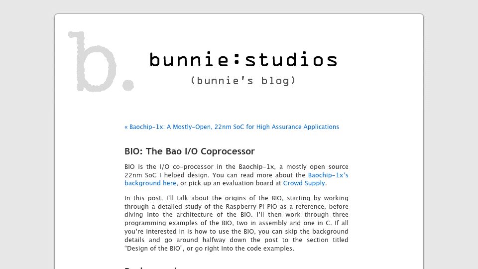 Screenshot of bunniestudios.com: BIO: The Bao I/O Coprocessor