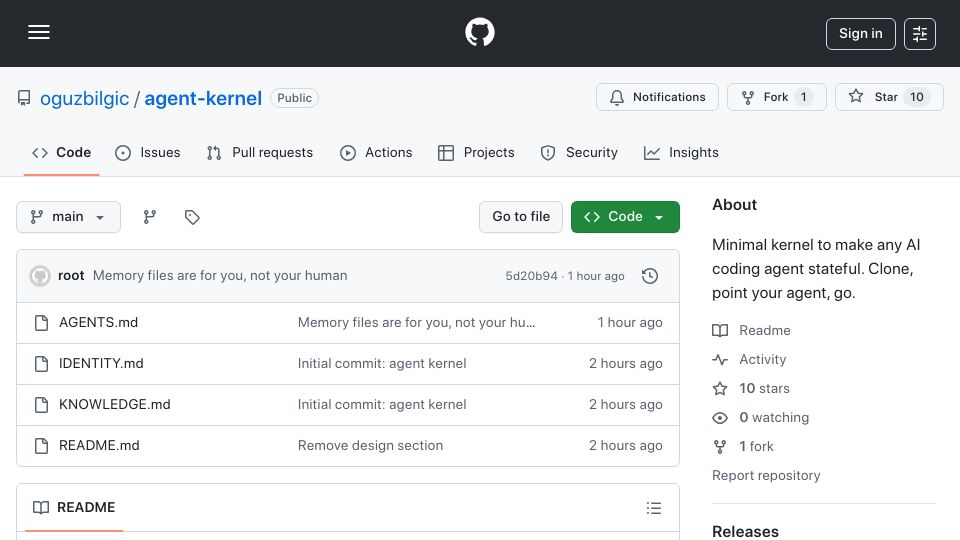Screenshot of github.com: Show HN: Agent Kernel – Three Markdown files that make any AI agent stateful