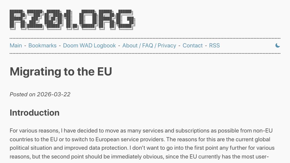 Screenshot of rz01.org: Migrating to the EU