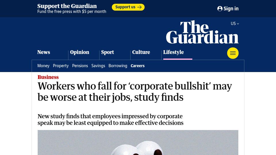 Screenshot of theguardian.com: Study: Workers who fall for 'corporate bullshit' may be worse at their jobs