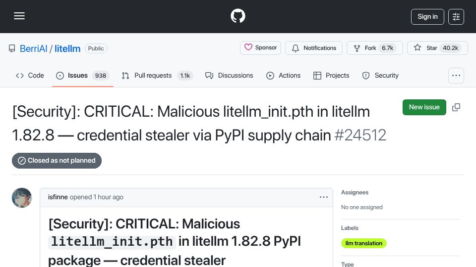 Screenshot of github.com: Malicious litellm_init.pth in litellm 1.82.8 PyPI package – credential stealer