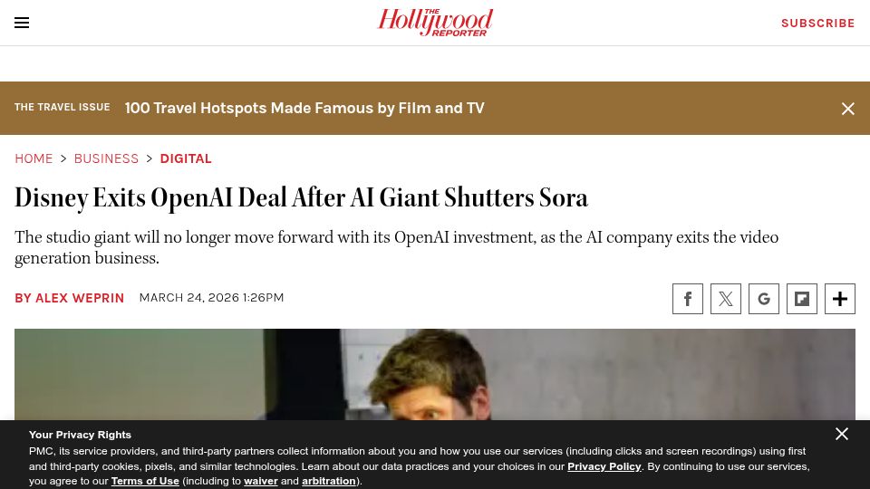 Screenshot of hollywoodreporter.com: Disney Exits OpenAI Deal After AI Giant Shutters Sora